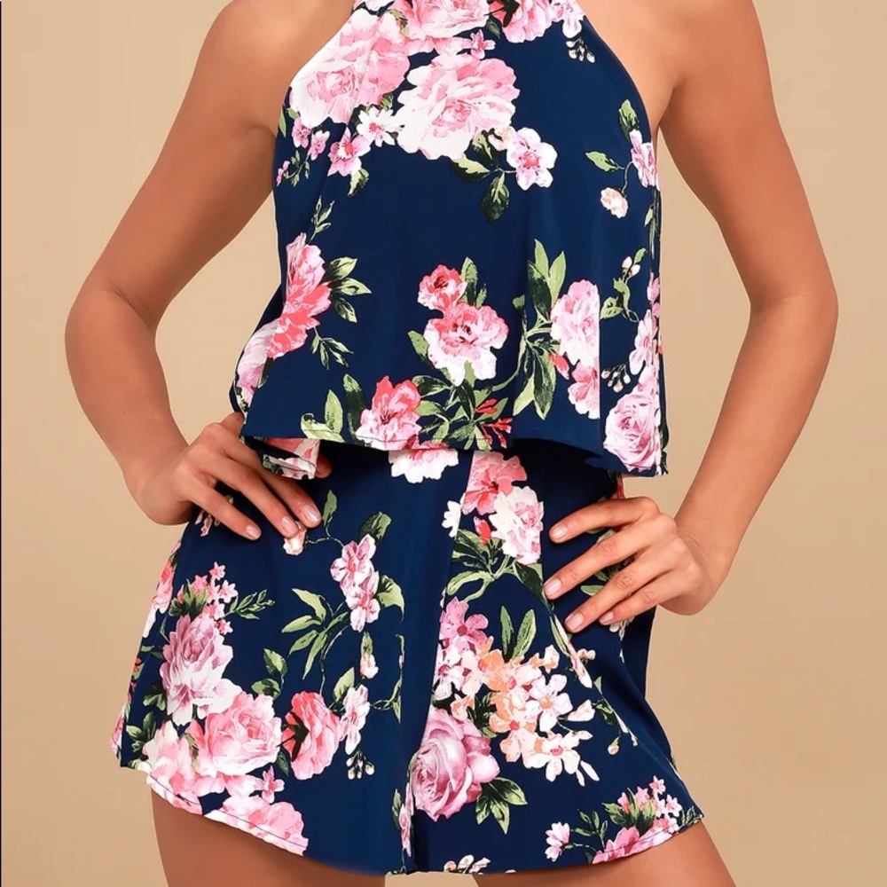 Lulus In the Garden Navy Blue Floral Print Romper
